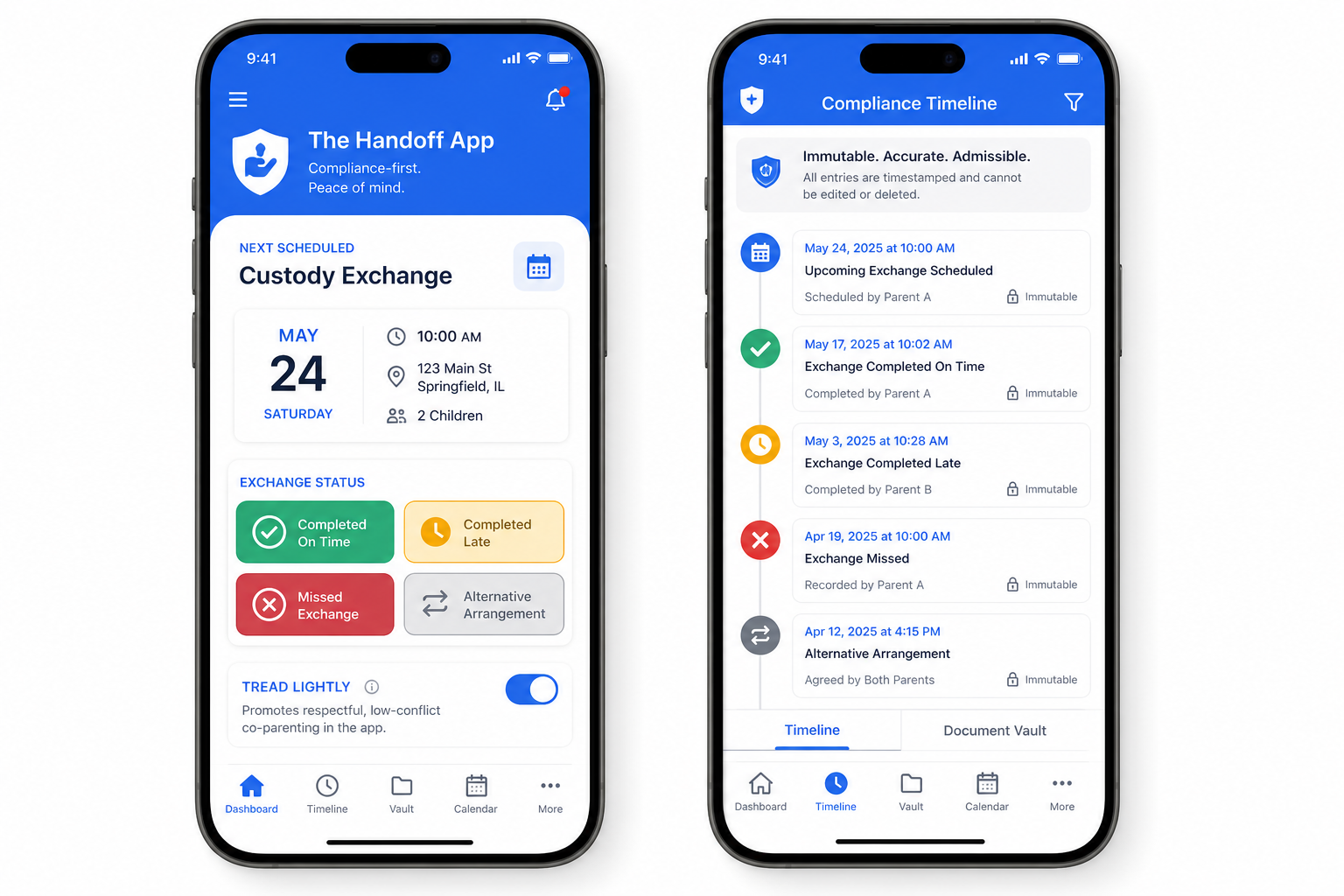 The Handoff App shown on two phones: a custody exchange compliance dashboard with binary status logging, and a chronological compliance timeline with immutable, court-ready entries.